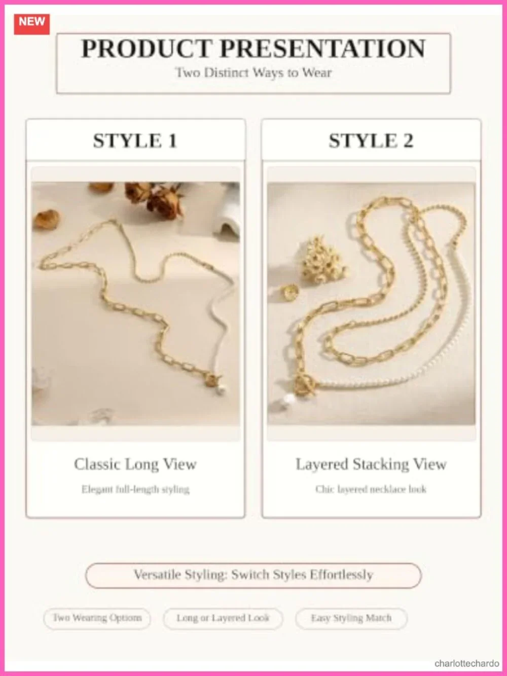 14K Gold Plated Layered Pearl Chain Necklace with Toggle Clasp